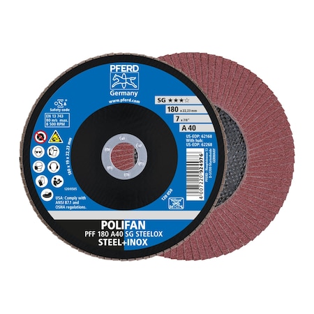 Pferd 7" x 7/8" A.H. POLIFAN Flap Disc - A SG STEELOX, Aluminum oxide, 40 Grit, Flat 62168